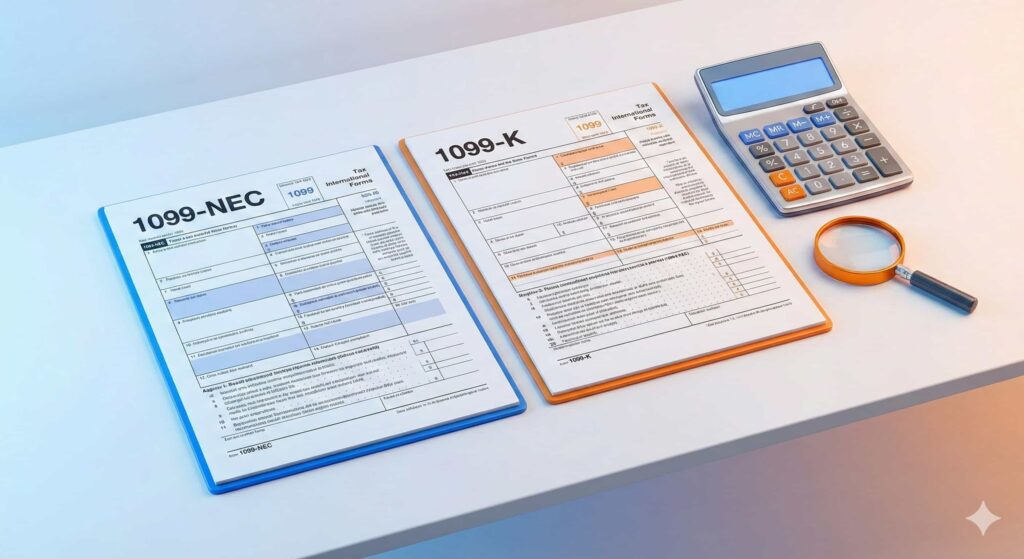 Comparison of 1099-NEC vs 1099-K tax forms for 2026 freelancers