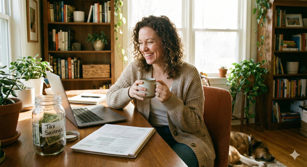 Freelancer planning for 2026 1099 self-employment tax with a savings jar and calculator