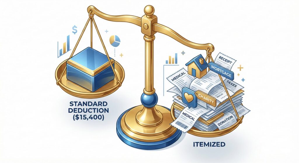 Comparison of 2026 standard deduction vs itemized deduction for 1099 contractors and freelancers