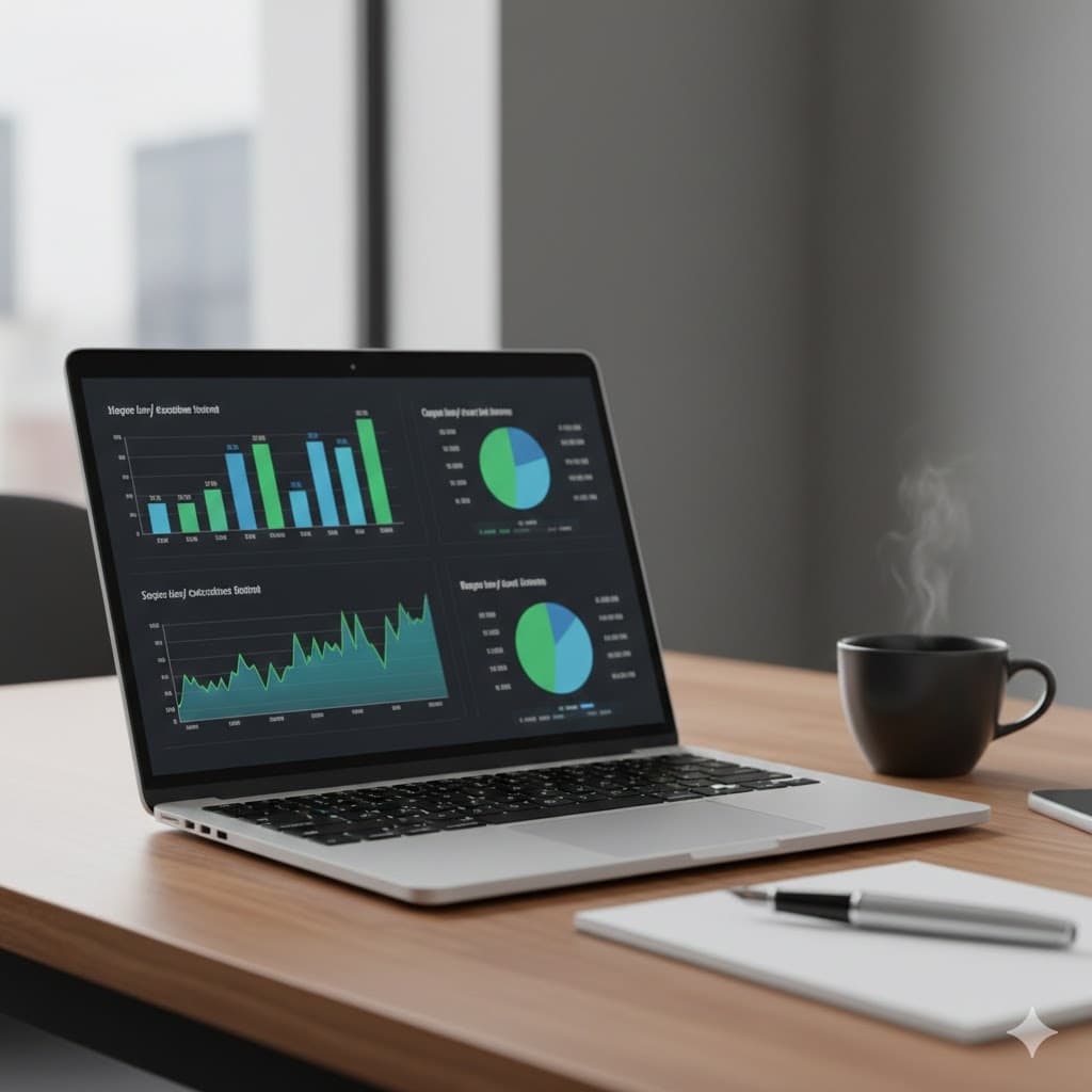 A sleek laptop displaying a financial dashboard with charts, symbolizing 1099 expense tracking and quarterly tax management.